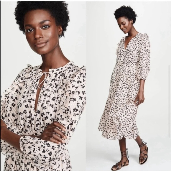 Ulla Johnson | Fantine Silk Midi Floral Ruffle Tiered Dress in Blush Pink 10 - Picture 4 of 9